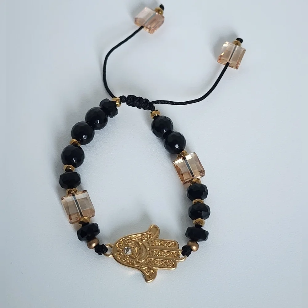 Adjustable Hamsa Hand Bracelet Black Beaded Gold Tone Crystal Accent